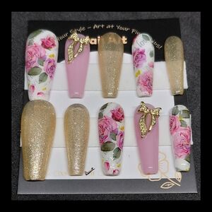 Floral and Glitter Handmade Hard Gel Press-On Nails